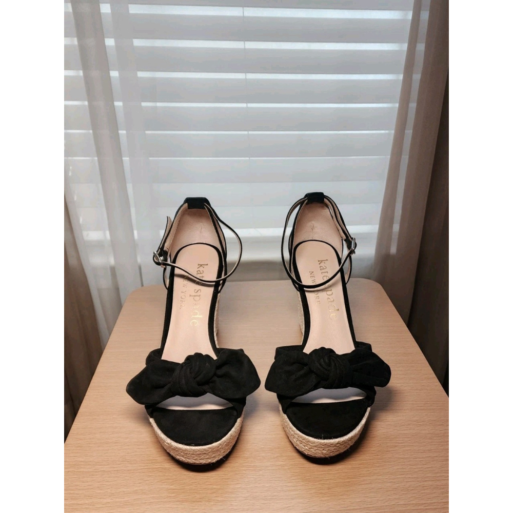 Kate Spade Tianna Suede LEATHER Bow Strap Espadrille Wedge Sandal 10 B BLACK - Picture 9 of 13